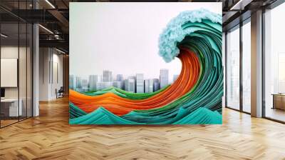 Paperwork tsunami threatening city skyline bureaucracy concept Wall mural