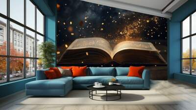 open book with glowing magical lights Wall mural