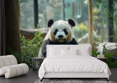 portrait of a sitting panda near bamboo Wall mural