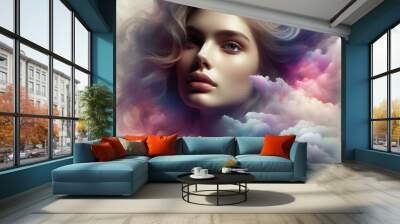 Portrait of Young Woman Standing Heads in the Surrounded by Fluffy Cottony Colorful Red, White, and Blue Nature Clouds in the Sky on a Dreamy Scene. Tranquility, Meditation Peace, & Relaxation Concept Wall mural