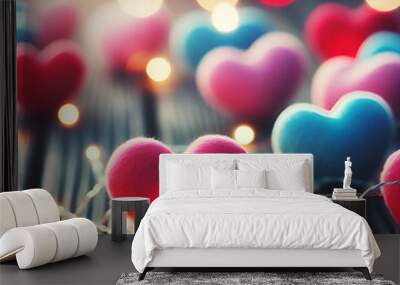 Romantic Love Fairy String Lights Resting on Board of Deck Shaped with Small Soft Red, Pink, & Blue Plush Heart Shape for Mother's Valentine's Day, Wedding Background, Glowing Sparkling Blurred Bokeh Wall mural