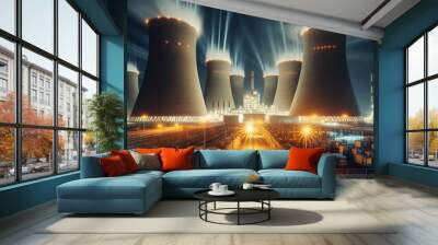 Sci Fi High-Tech Nuclear Energy Facility Steam Cooling Towers at Night. Cutting edge Physics, Power Experimental Core Reactor Industrial Generator Plant Uranium Enrichment & Energy Producing Machinery Wall mural