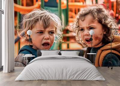 Two angry resentful children with curly blond hair face each other in a playground arguing, made with generative ai Wall mural