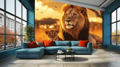 Un lion et un lionceau allongés dans la savane africaine Wall mural