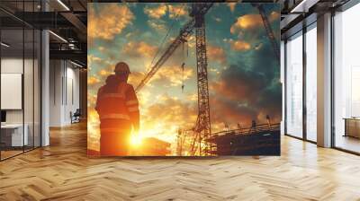 A construction worker operating a crane at a building site Wall mural