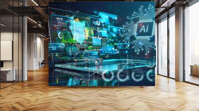 AI, Big Data, and business analytics icons represent the integration of advanced technology in analyzing graphs, business data, and market trends, driving strategic decisions and innovative solutions. Wall mural