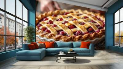 Baker creating a homemade berry pie with lattice crust from scratch Wall mural