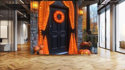 Cozy Halloween Decor at Front Door with Pumpkins Wall mural