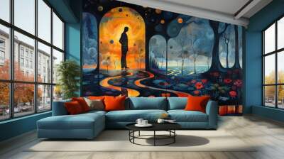 Create a surrealistic painting of a person looking into a mirror that reflects their lover standing beside them, surrounded by dreamlike elements. Wall mural