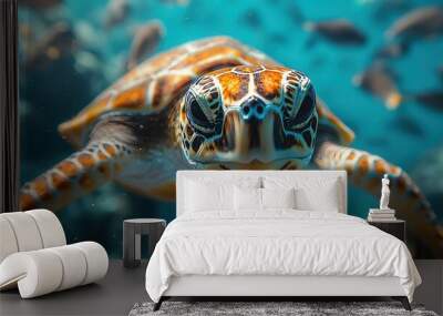 Curious Sea Turtle Exploring Colorful Coral Reef with Fish in Clear Blue Water Wall mural