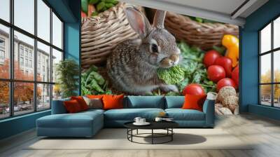 Cute Rabbit Enjoying Fresh Vegetables and Greens Wall mural