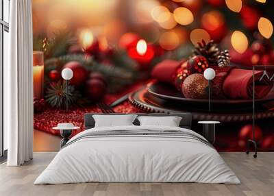 Elegant Holiday Table Setting with Red and Gold Accents Wall mural