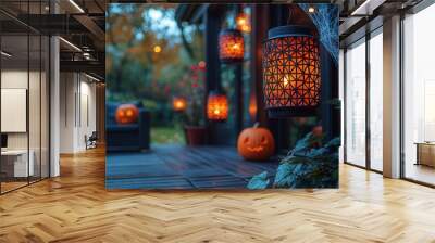 Festive Halloween Decorations with Lanterns and Pumpkins Wall mural