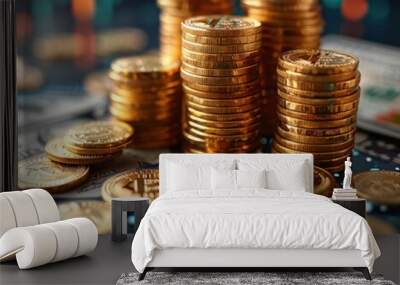 Financial Growth and Wealth Concept with Gold Coins, Dollar Bills, and Digital Chart Background Wall mural