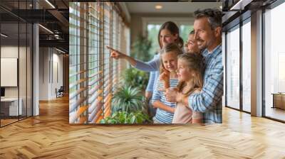 Happy Family of Four Visiting Spacious Suburban Home with Realtor, Exploring Features with Excitement and Enthusiasm Wall mural