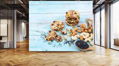 Multigrain Cookies and vegetarian ingredient with milk on blue wooden table Wall mural