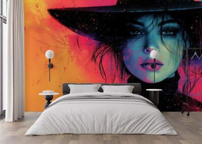 Mysterious Woman in Hat with Colorful Background Wall mural