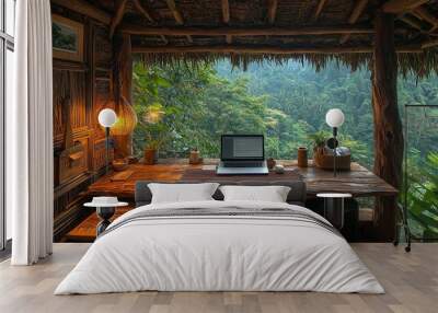 Remote Work Paradise: Digital Nomad Working from Treehouse Overlooking Lush Forest Canopy Wall mural