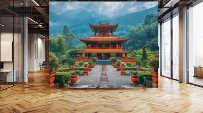 Serene Chinese Watercolor Painting of Wat Pa Ban Tat Forest Monastery with Lush Greenery and Tranquil Atmosphere Wall mural