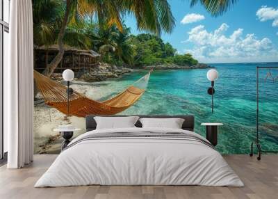 Serene Relaxation in a Hammock on a Tropical Island Paradise with Clear Turquoise Waters and Swaying Palm Trees Wall mural