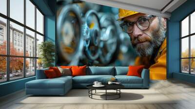 Skilled Worker in Industrial Setting with Gear Equipment Wall mural