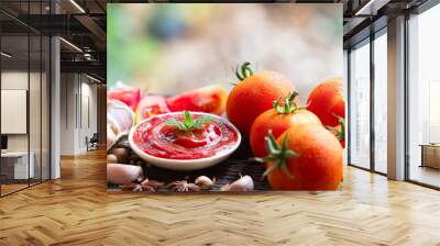 tomatoes paste with ripe tomatoes on dark rustic wooden backgrou Wall mural