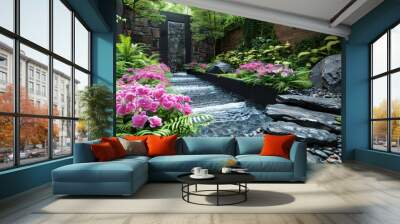 Tranquil Garden Oasis with Contemporary Water Feature, Orchids, and Ferns Wall mural