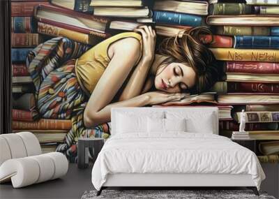 a woman in a yellow dress sleeping among piles of books Wall mural