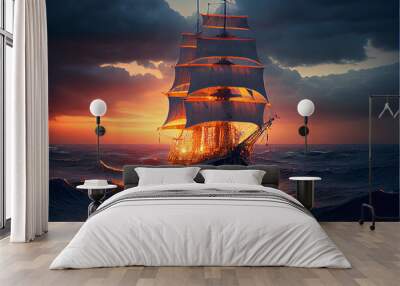 Ancient ship sailing the ocean with red lanterns on board, generative A Wall mural