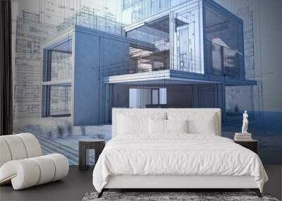 Architecture 3D and blueprints representation, generative ai Wall mural