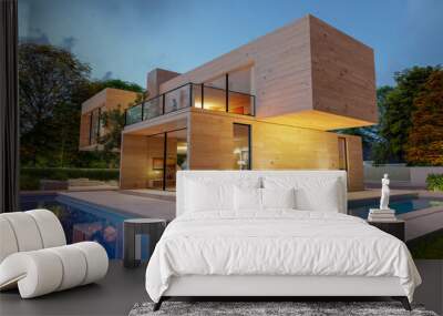 Big contemporary villa in light wood with pool and garden in the evening Wall mural