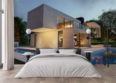 Big contemporary villa with garden and swimming pool in the evening Wall mural