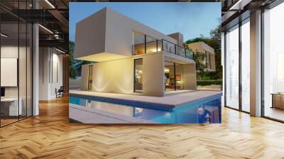 Big contemporary white villa with pool and garden in the evening Wall mural