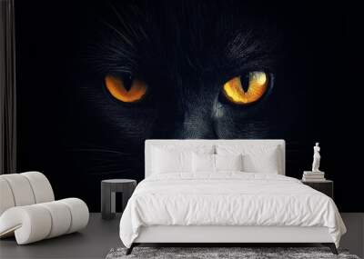 black cat yellow eyes peering from the darkness Wall mural