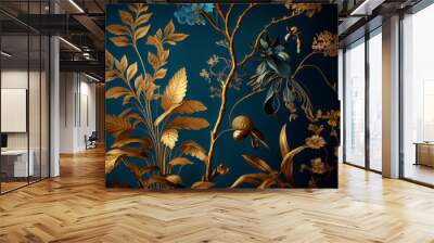 Blue and gold vintage floral pattern with a delicate luxury look, generative AI Wall mural