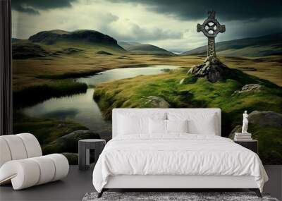 Celtic cross in a highlands Scotish landscape, generative AI Wall mural