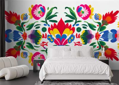 Colorful Mexican floral pattern on a white background, generative AI Wall mural