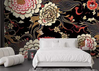 Delicate Japanese style floral pattern, ideal for backgrounds, generative AI Wall mural