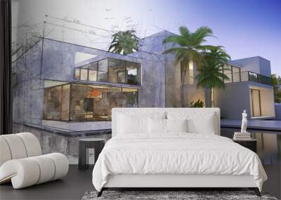 Draft and final rendering of luxurious villa Wall mural