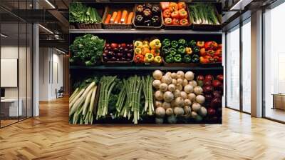 Fresh vegetable section of the supermarket, generative ai Wall mural