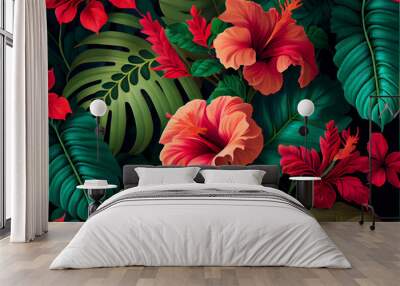 lush vegetation and hibiscus flower patter ideal for tropical and exotic backgrounds Wall mural