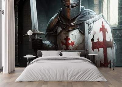 Medieval knight in full armor with the templars cross in the crusade, generative ai Wall mural