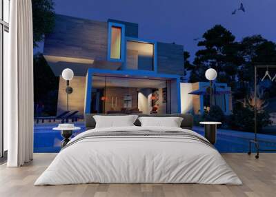 Modern  cubic house with pool by night Wall mural