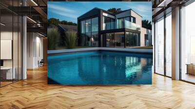 Modern luxury home with pool and garden at blue hour, generative ai Wall mural