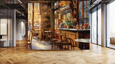 Retro charming café with terrace, Parisian style oil painting, generative ai Wall mural