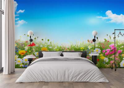 Spring landscape with colorful wildflowers in a green meadow on a blue day, generative AI Wall mural