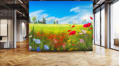 Spring landscape with colorful wildflowers in a green meadow on a blue day, generative AI Wall mural