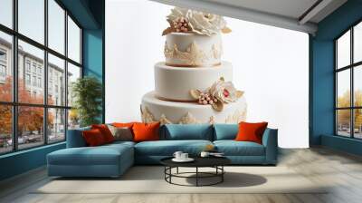 Three tier wedding cake with pastel colored icing on a white background Wall mural