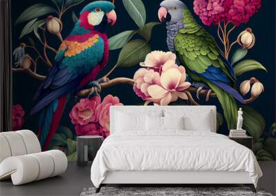 tropical pattern with parrots and flowers in bright colors Wall mural