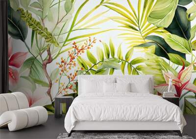 tropical vegetation and hibiscus flower patter ideal for exotic backgrounds, generative AI Wall mural